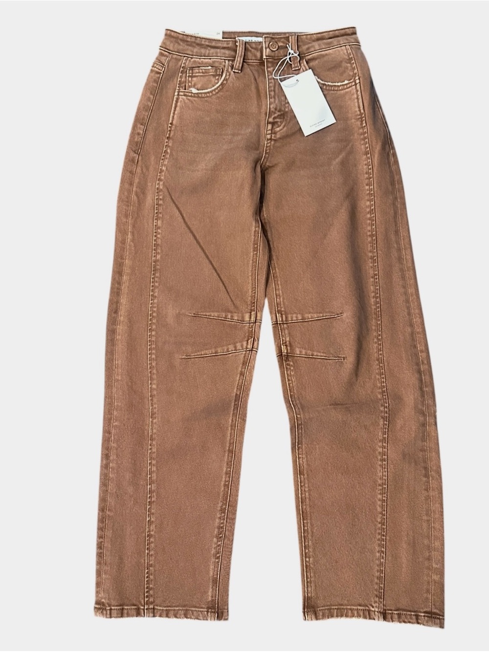 NWT Flying Monkey High Rise Barrel Leg Jeans Brown Stretch Curved Seam Sz 24